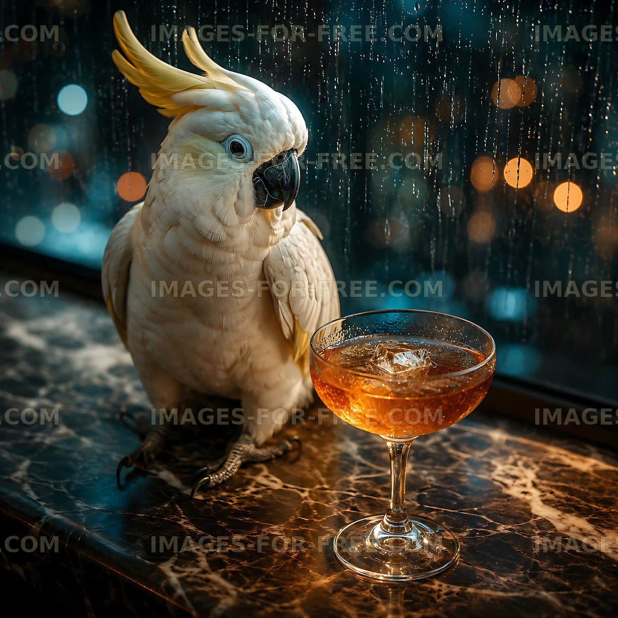 Cockatoo sits beside a cocktail glass on a rainy night