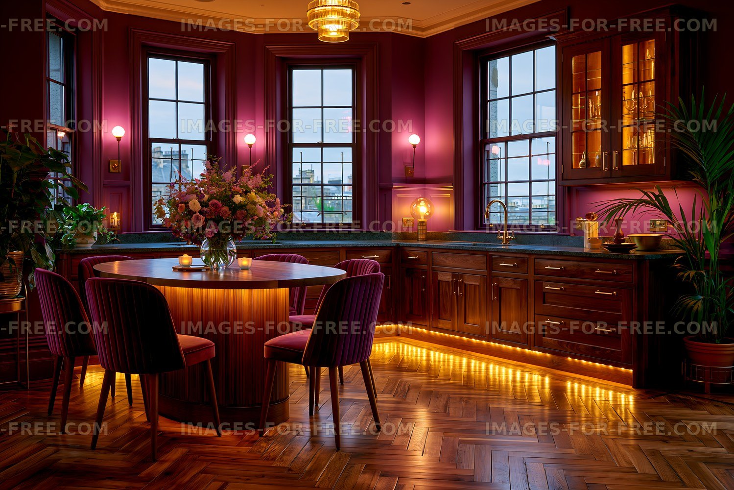Kitchen with modern design and purple walls