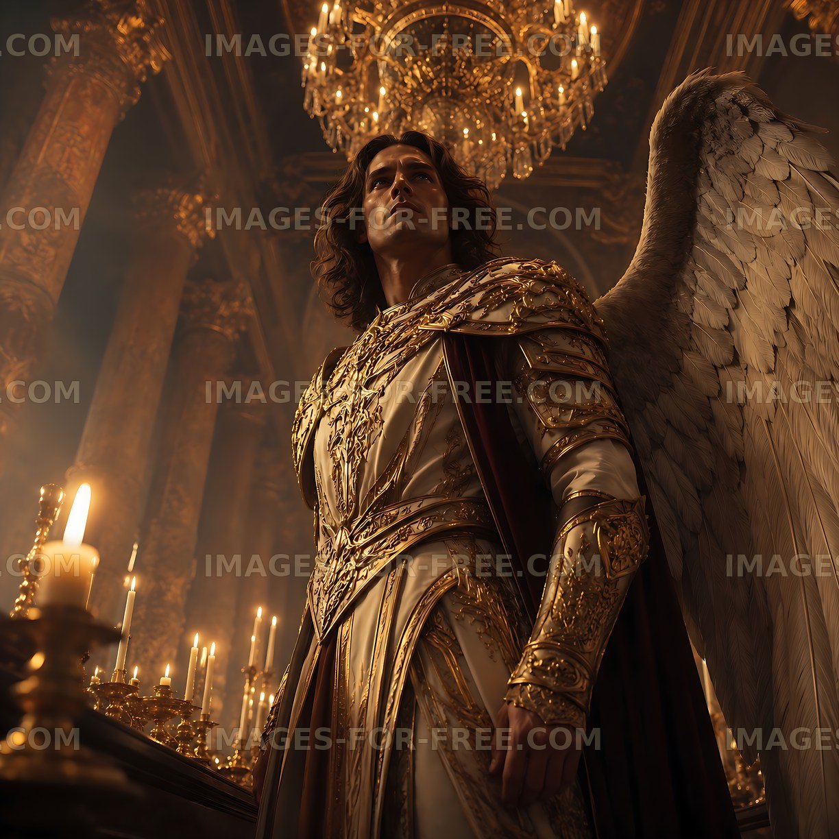 Angel figure stands in grand hall with candles and chandeliers