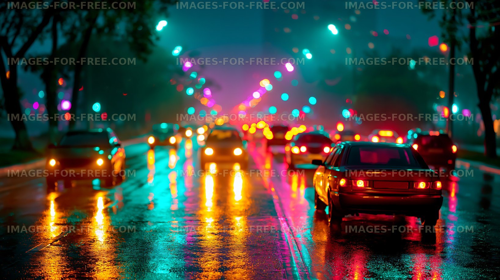 Car lights reflecting on wet street at night