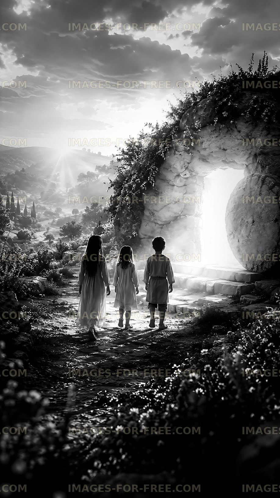 Children walking toward an open stone tomb in the countryside