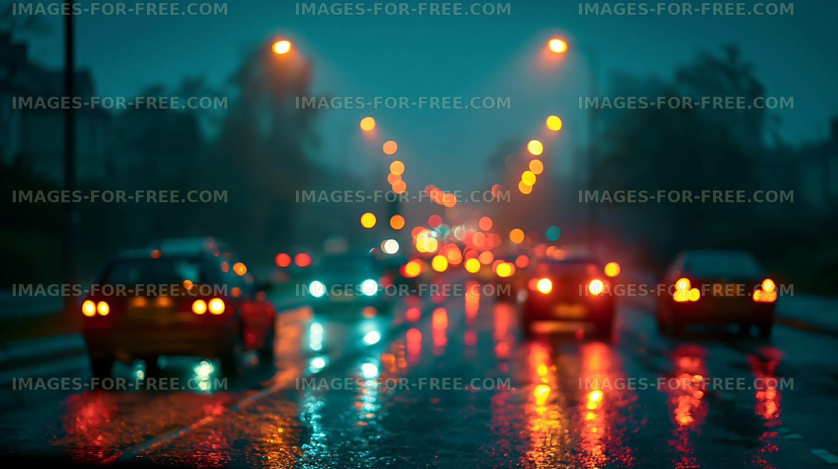 City street traffic at night with rain and reflections