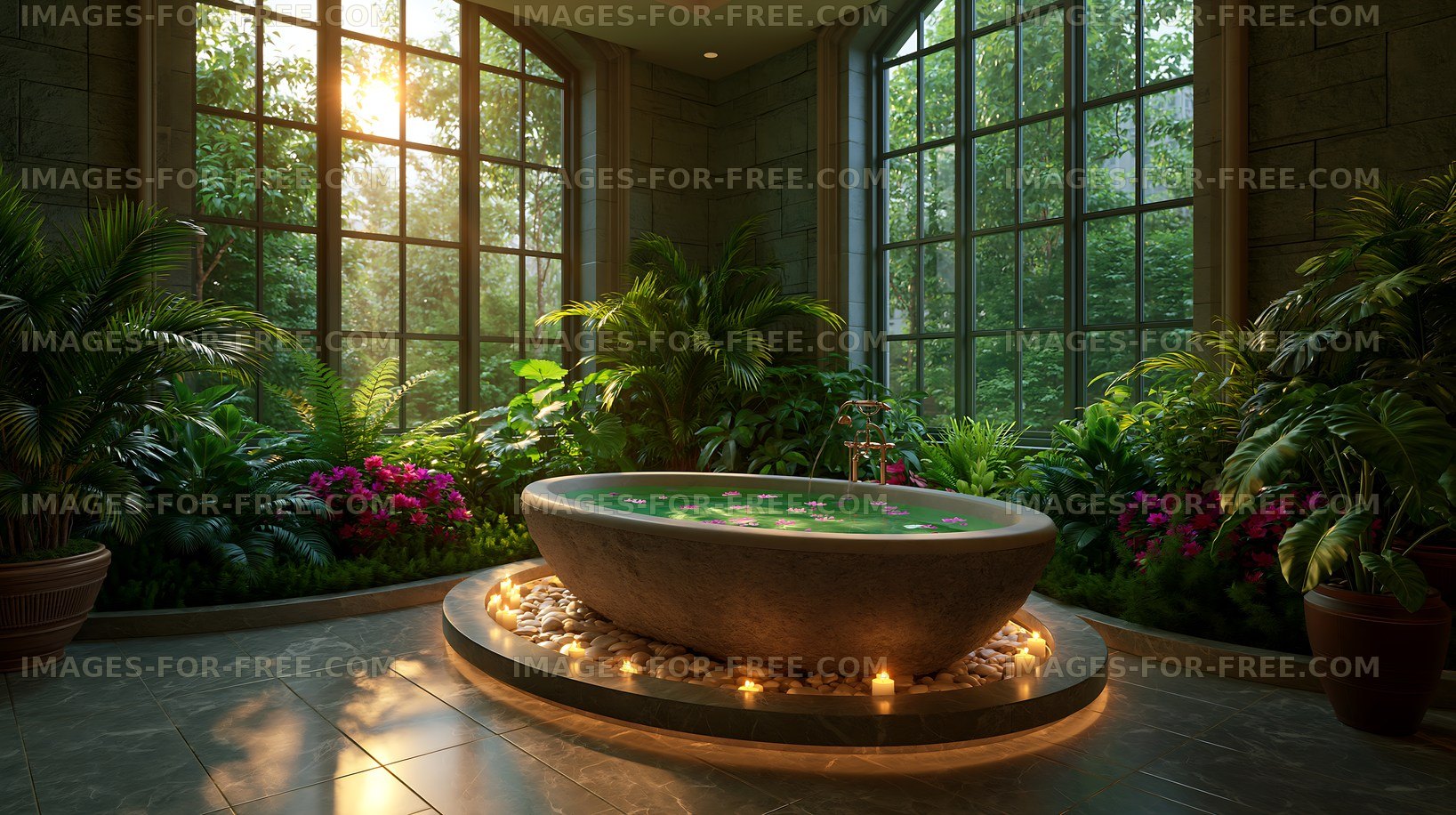 Indoor spa with natural light and plants