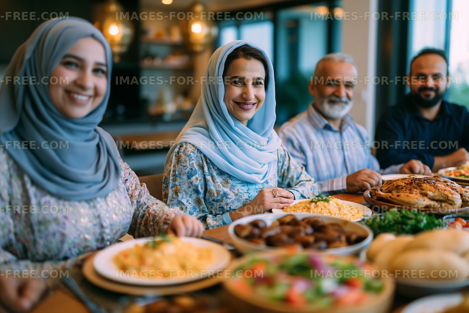 Family gathering with traditional food and smiling faces