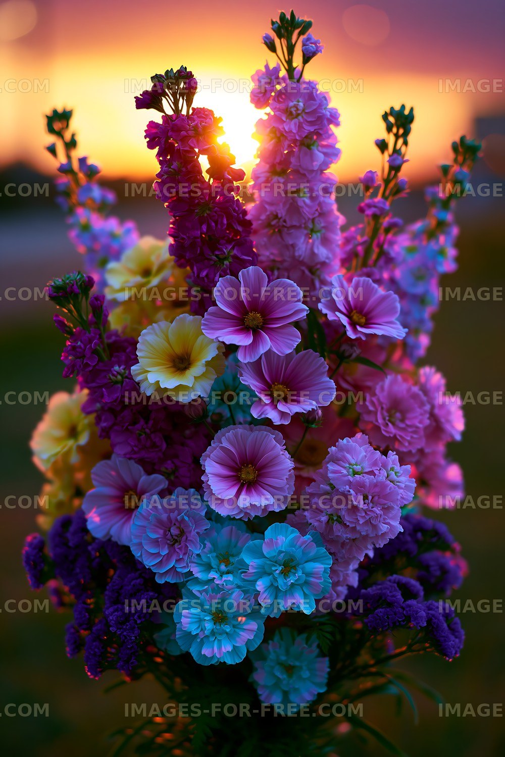 Colorful flower bouquet with sunset background