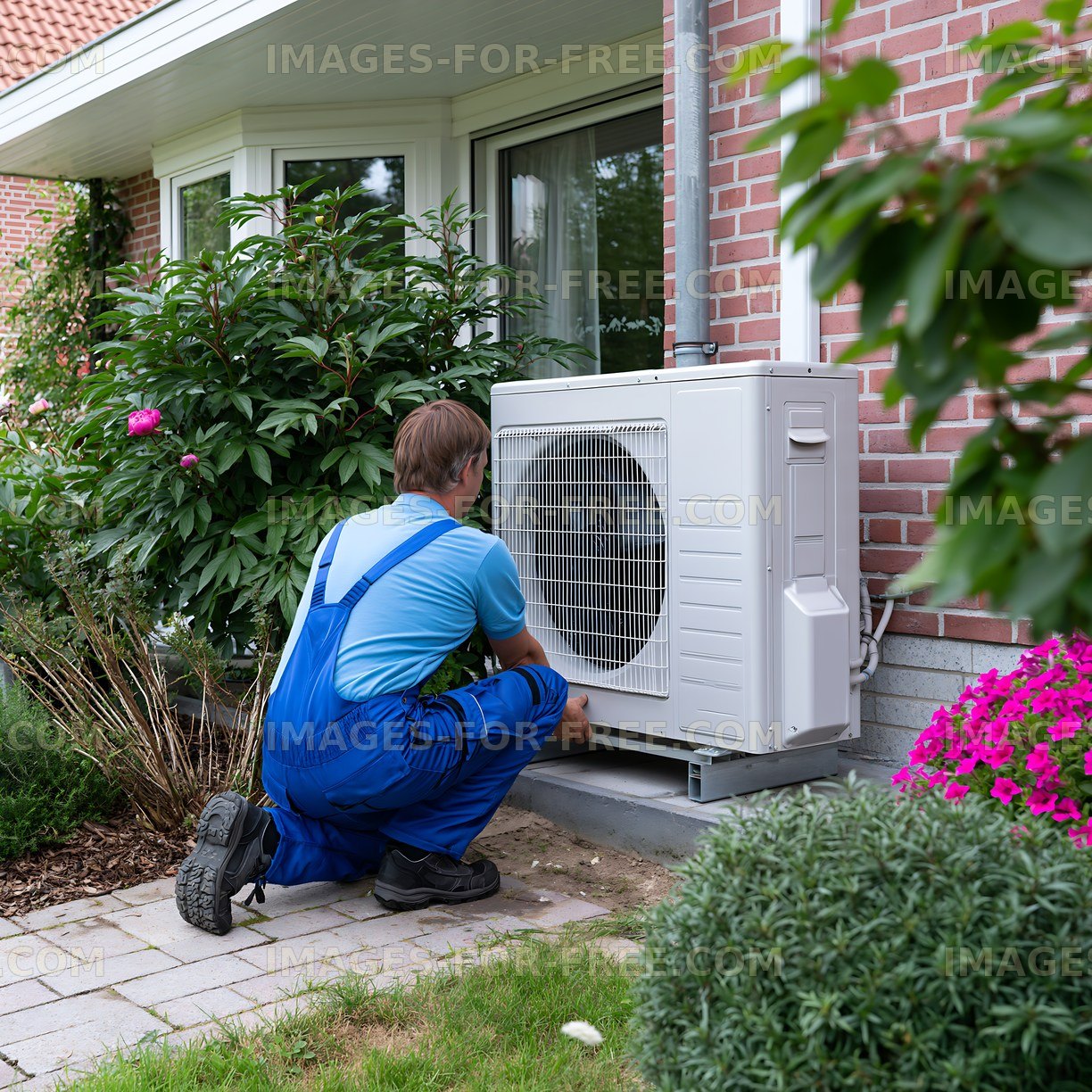 Technician installing outdoor air conditioning unit