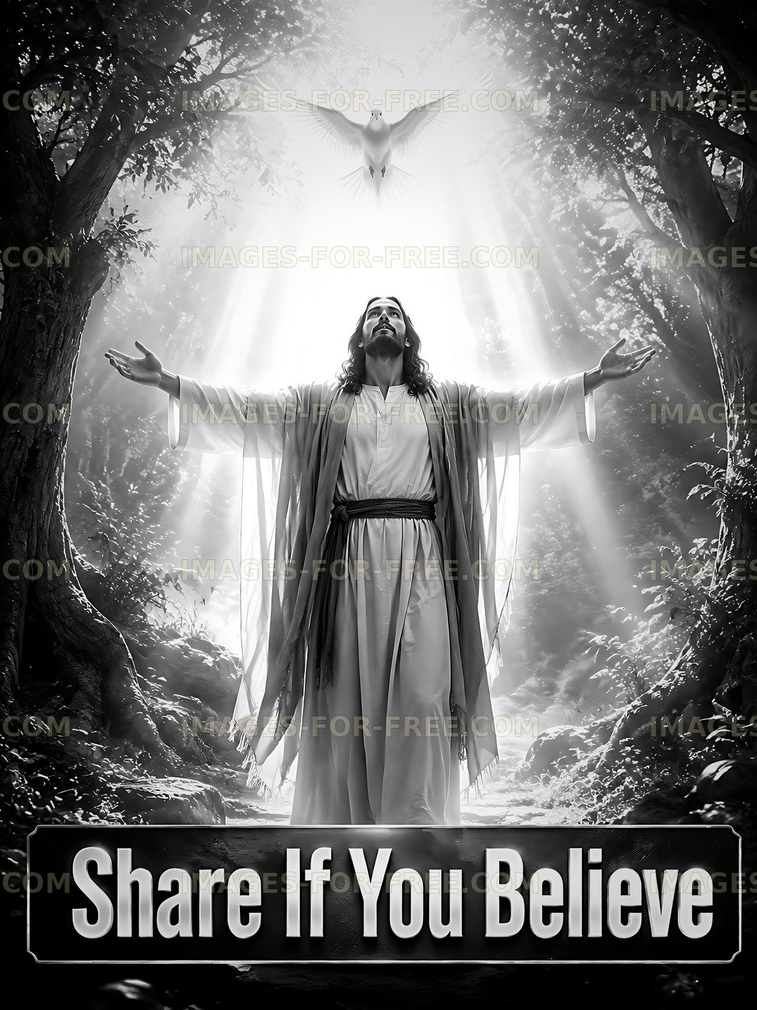 Jesus with open arms in a forest setting