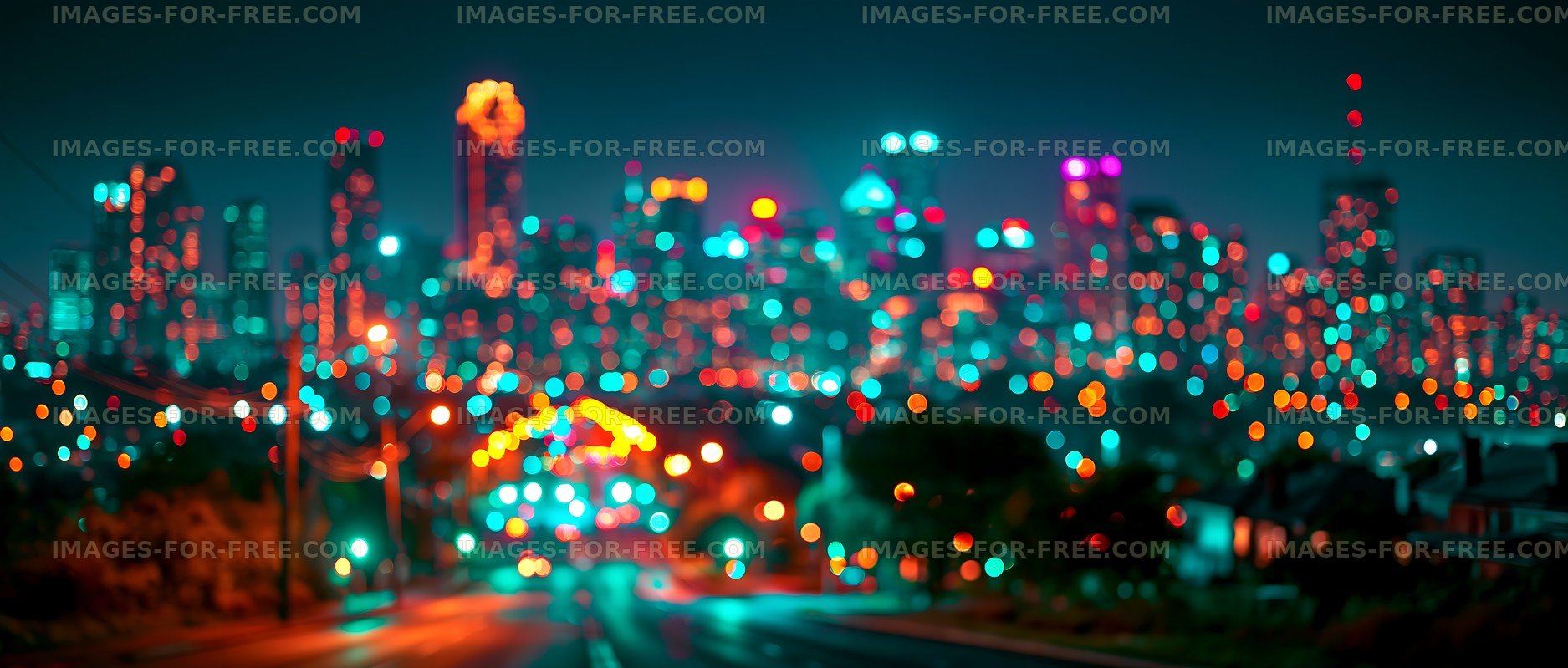 City skyline at night with bright colorful lights