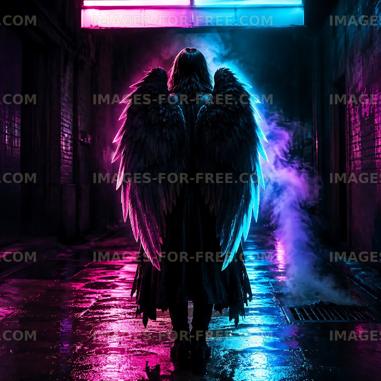 Person wearing wings in neon-lit alley at night
