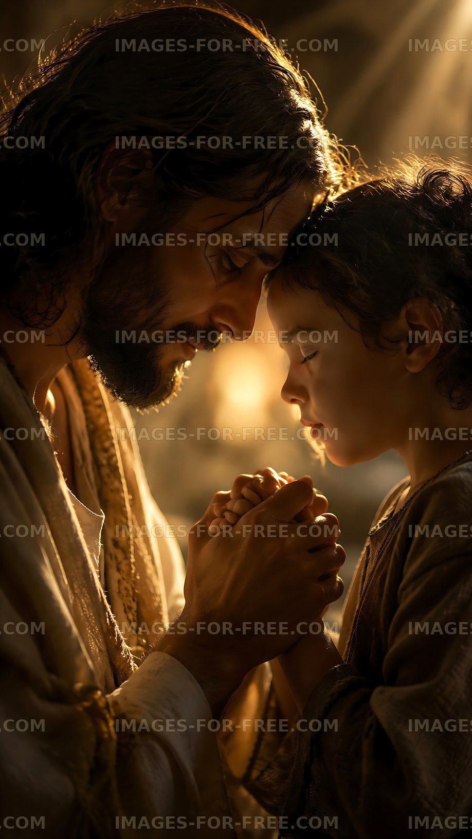 Man and child pray together in warm light