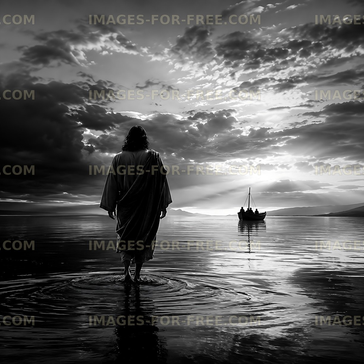 Figure walking on water at sunset with boat in background
