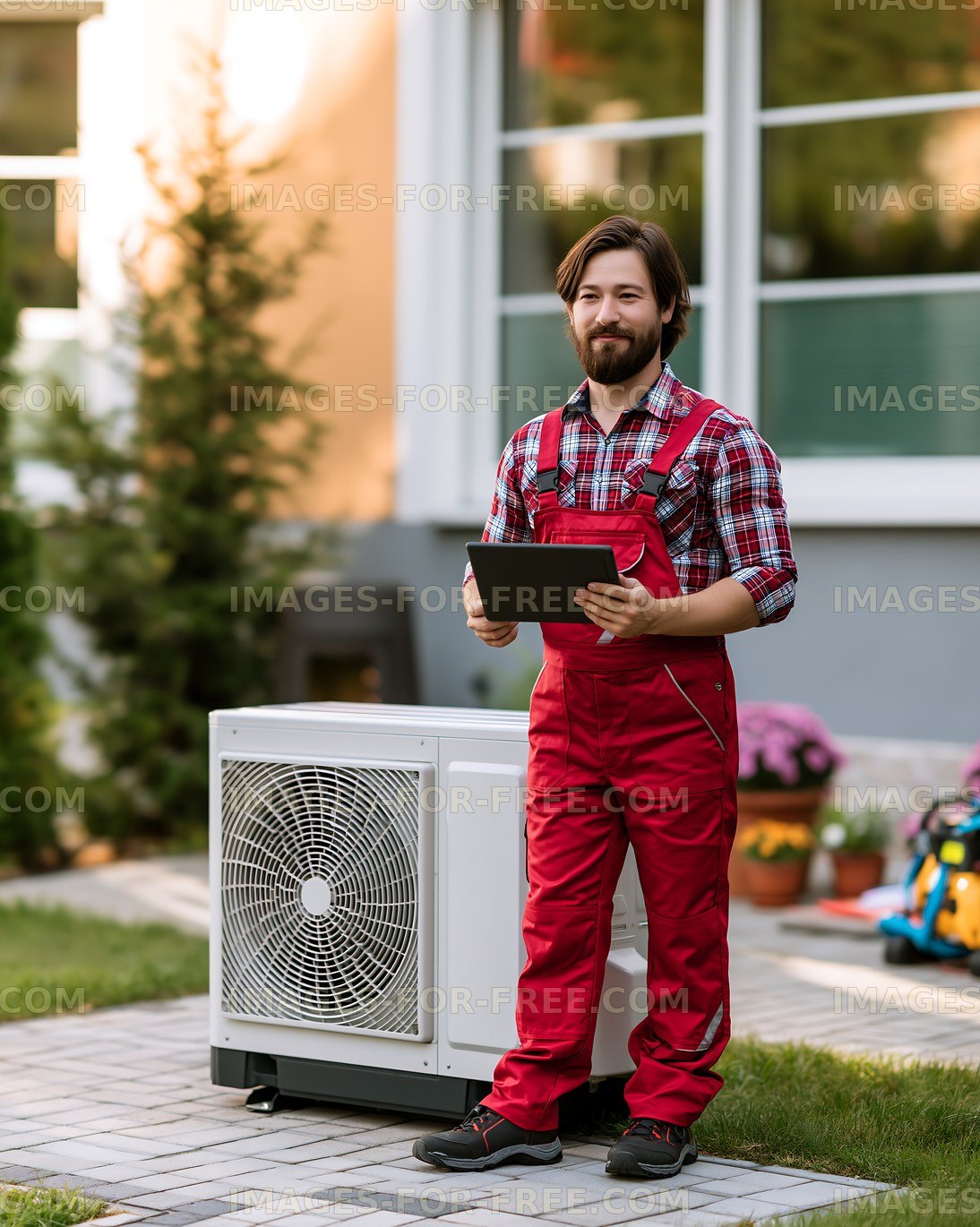 Technician works on outdoor AC unit in residential yard