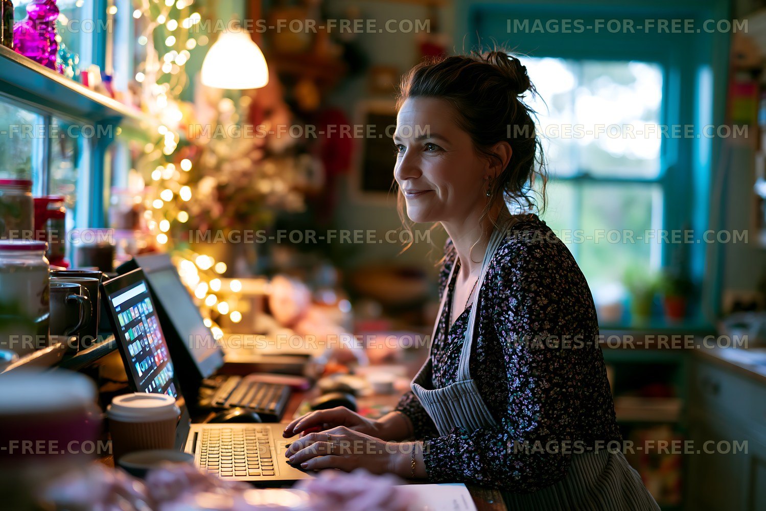 Woman working at a desk in a cozy home office space