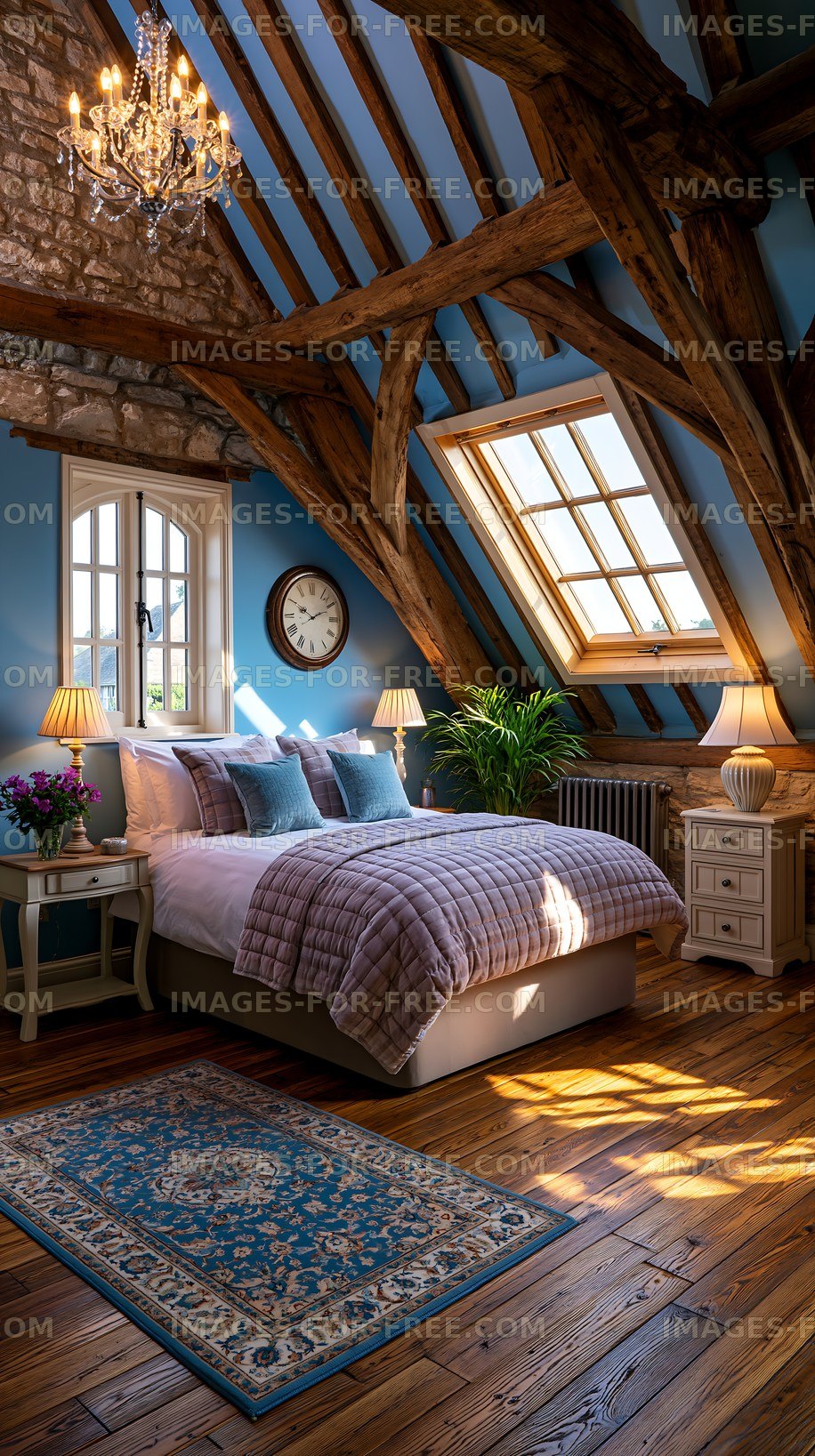Cozy bedroom with wooden beams and natural light