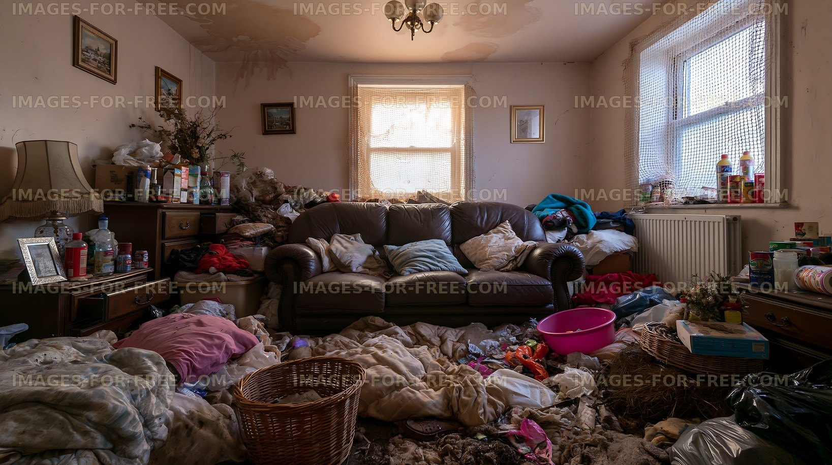 Cluttered living room filled with debris and disarray