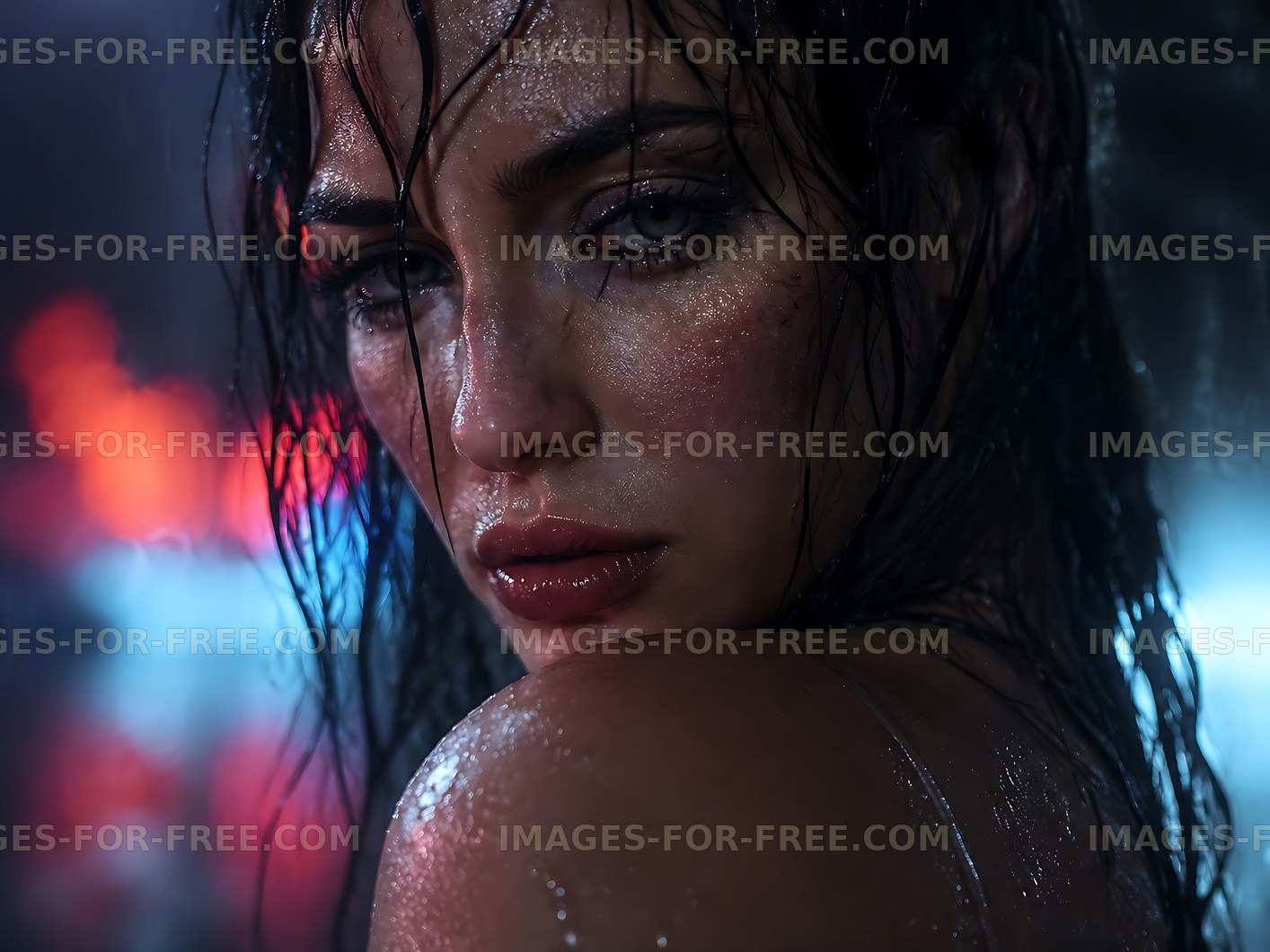 Woman with wet hair looking back at camera in neon rain
