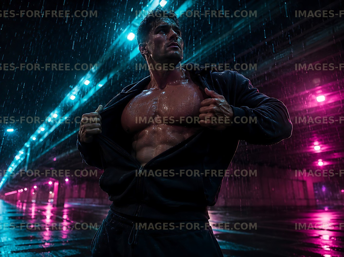 Man showing muscles under rain with neon lights at night