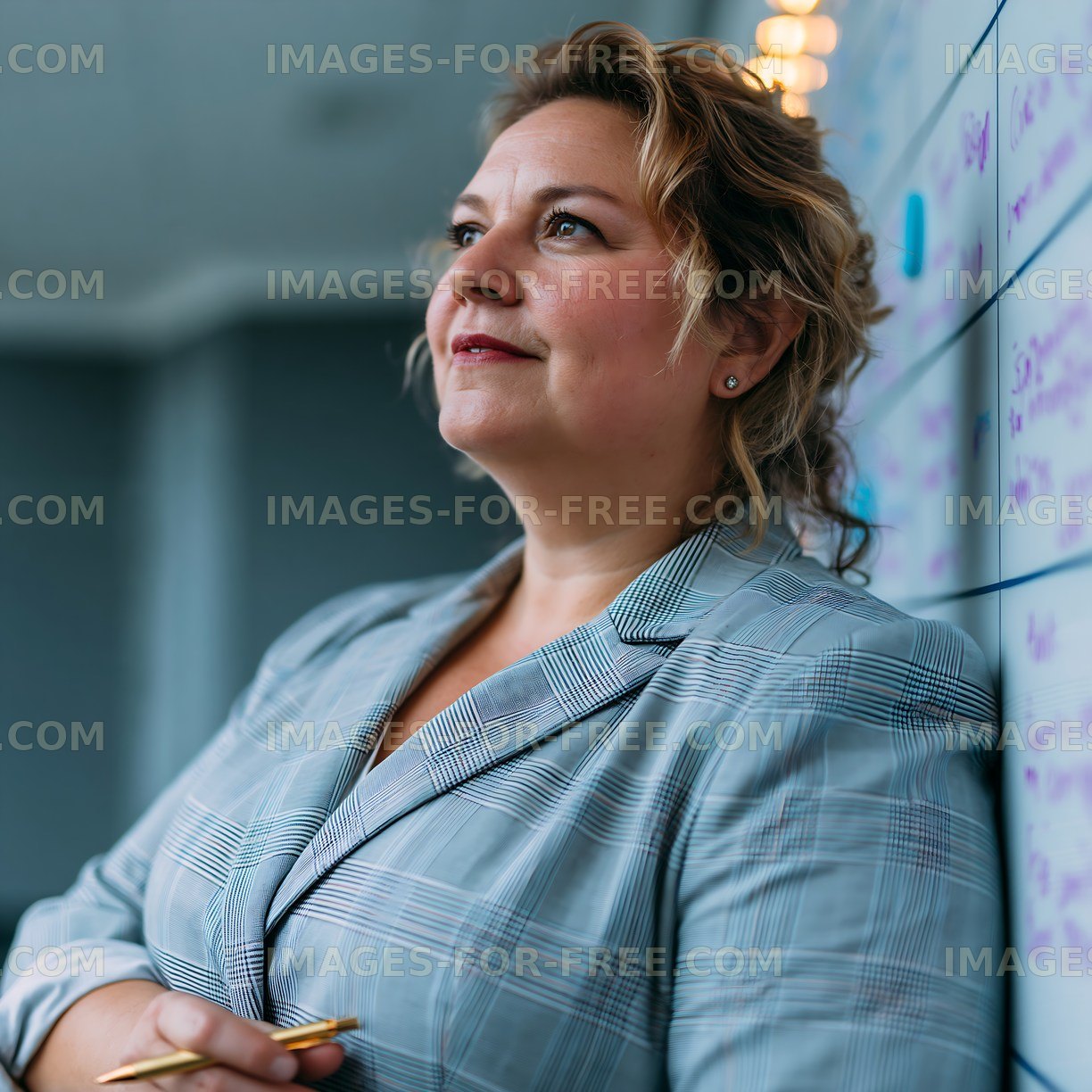 Woman in gray suit standing near whiteboard in office