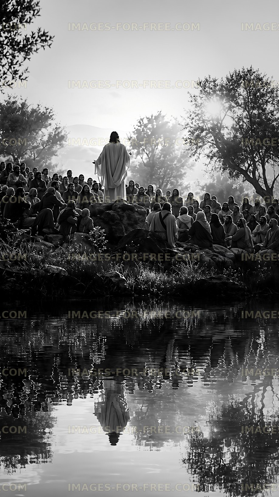 Crowd gathered by water listening to man in white robes