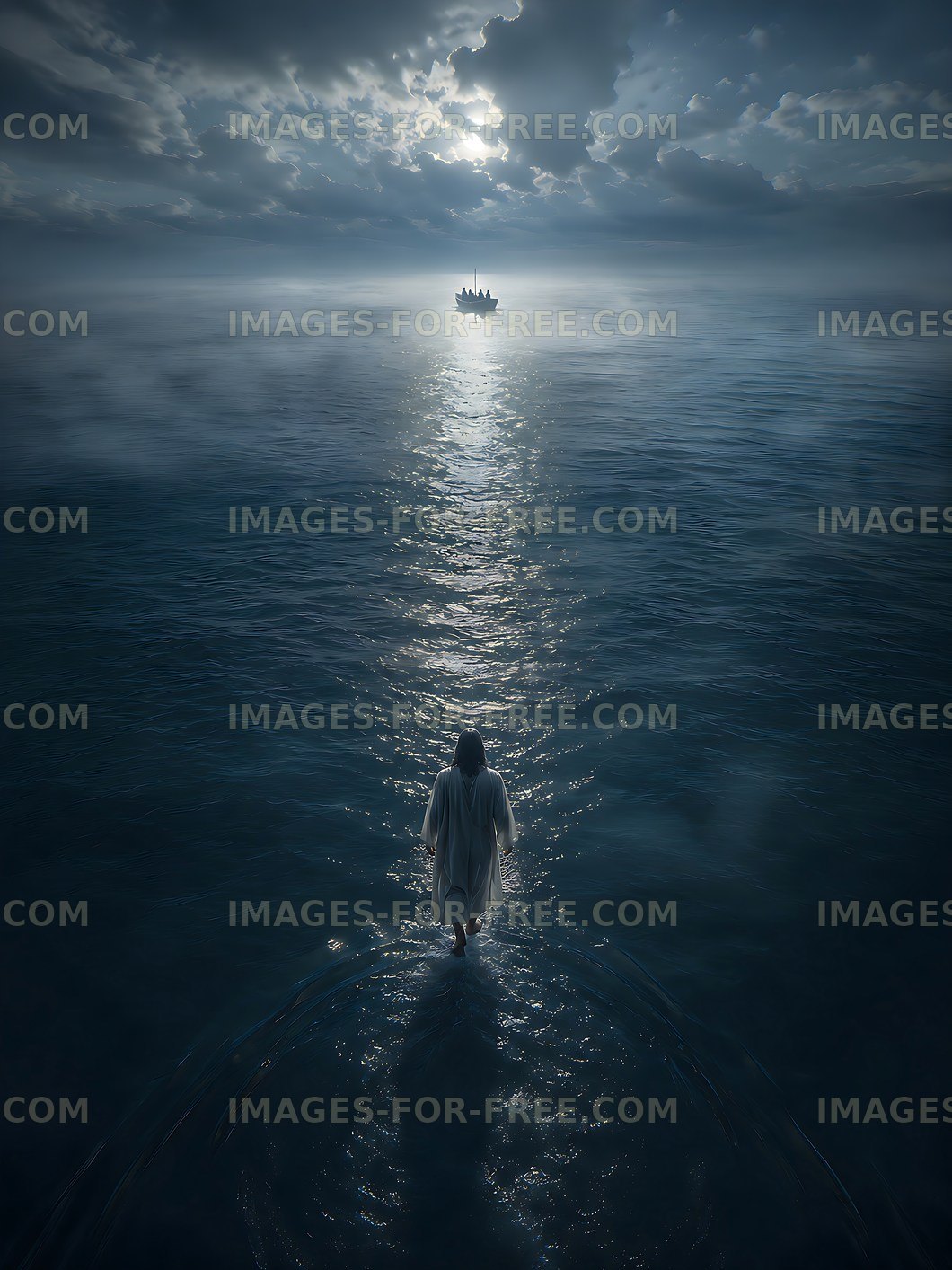 Figure walking on water towards a distant boat
