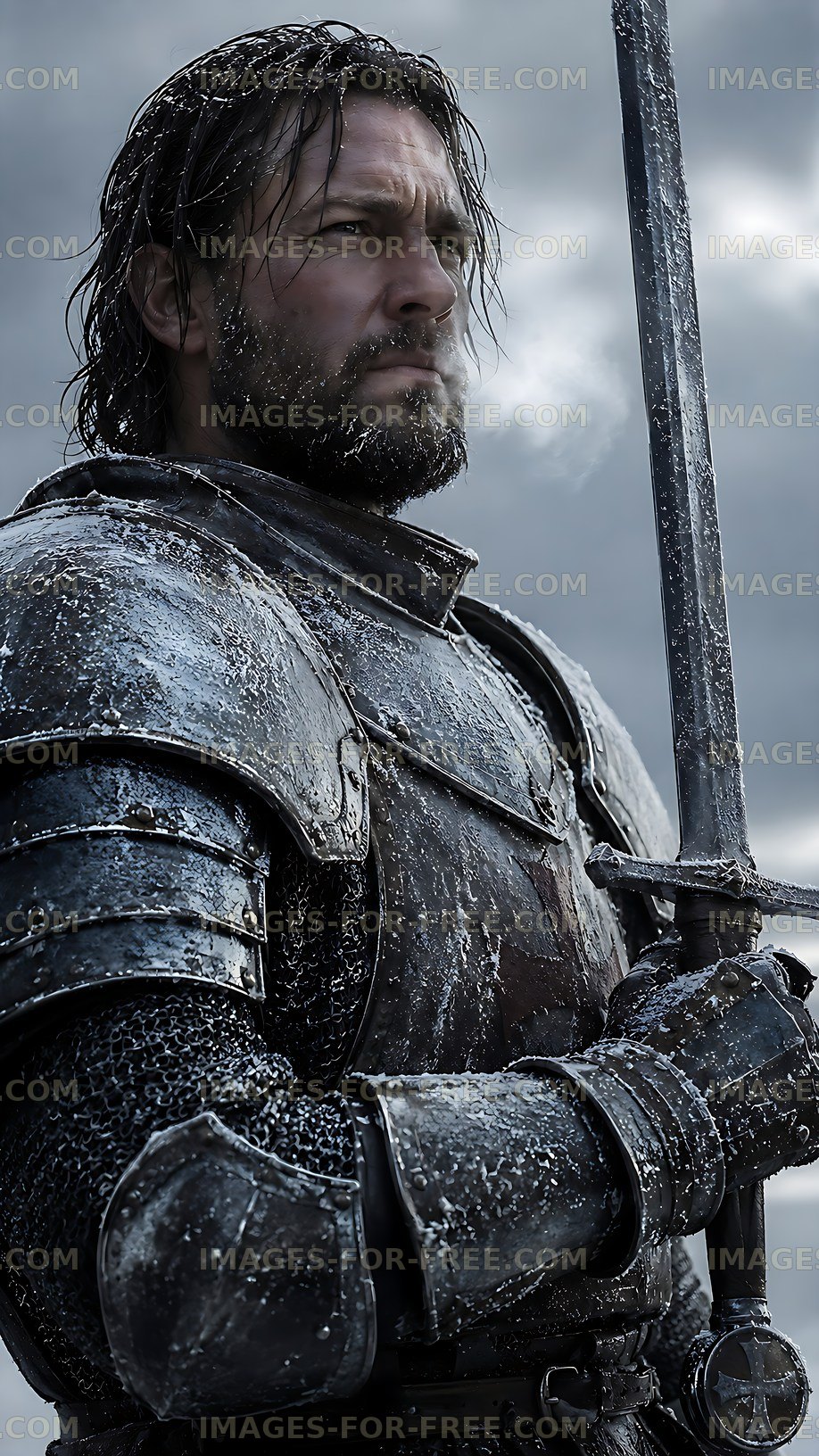 Knight holding sword in a snowy landscape