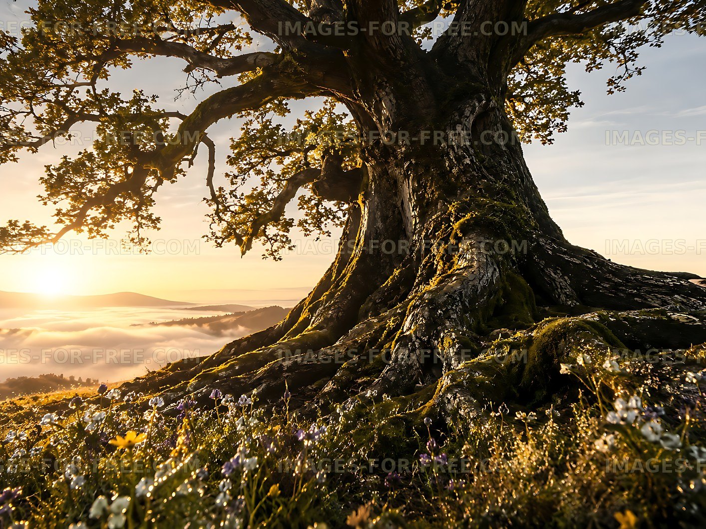 Sunrise light shining through a large tree in a foggy landscape