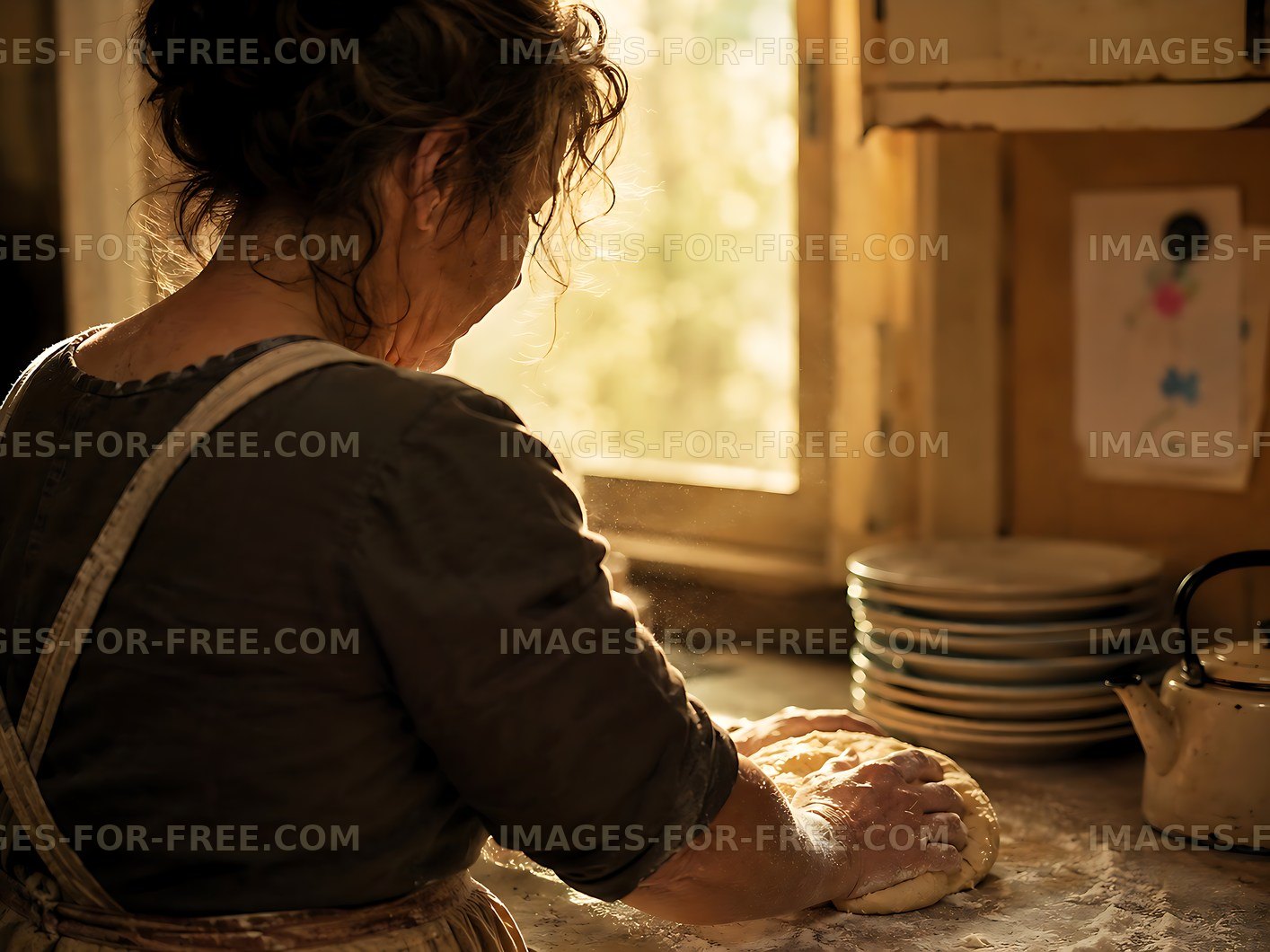 Woman kneading dough by a sunny window in a rustic kitchen