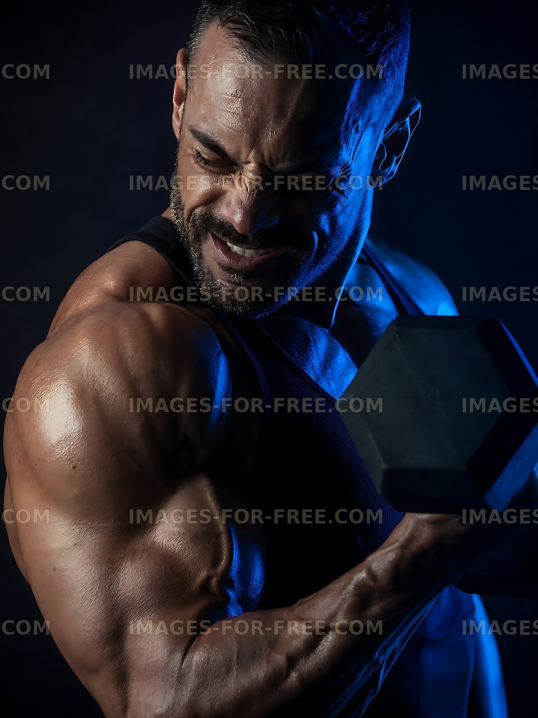 Muscular man lifting dumbbell in dimly lit gym