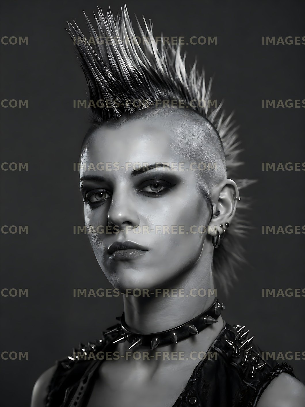 Punk model with mohawk hairstyle in black and white