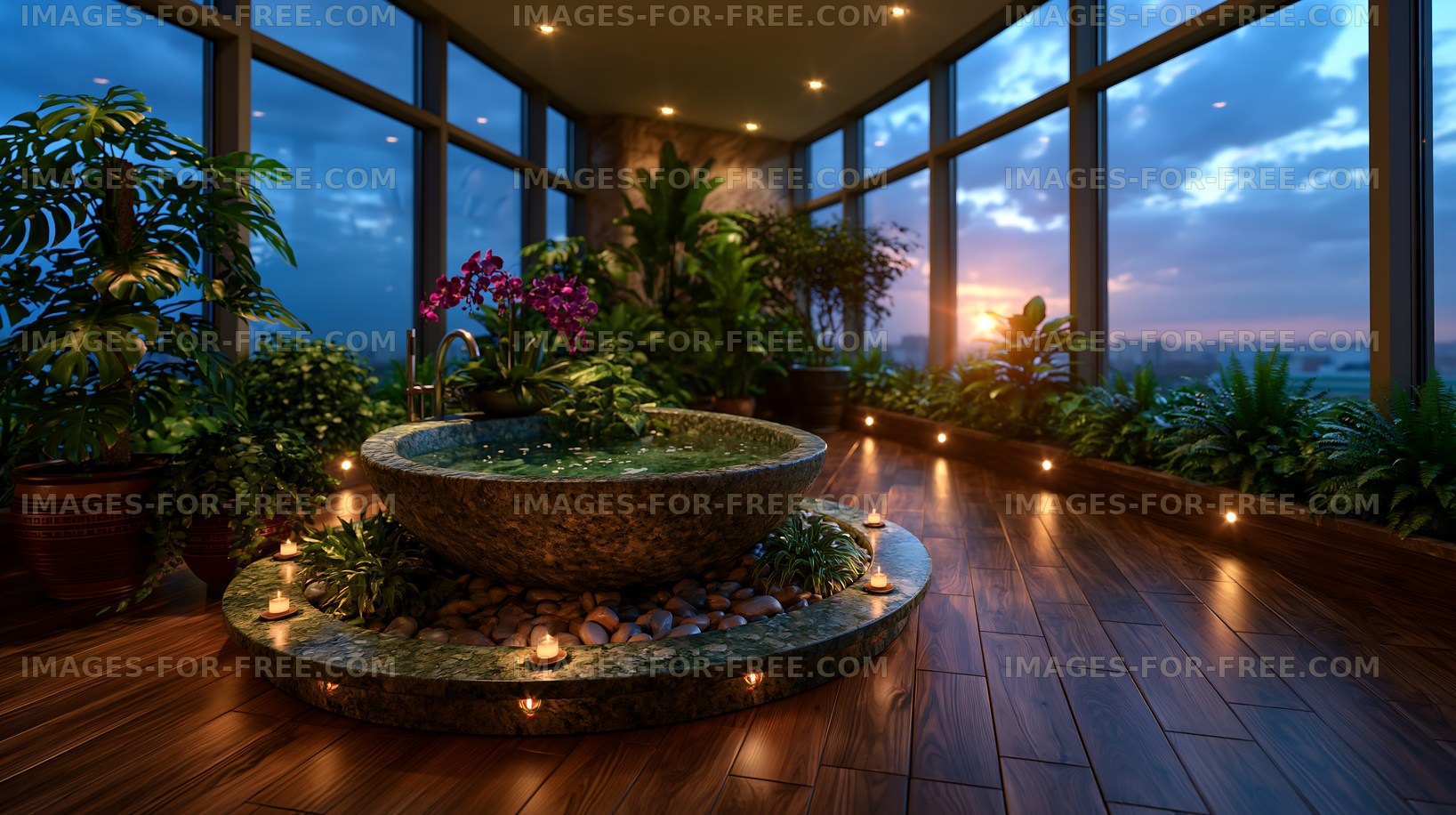 Indoor garden with water feature at sunset