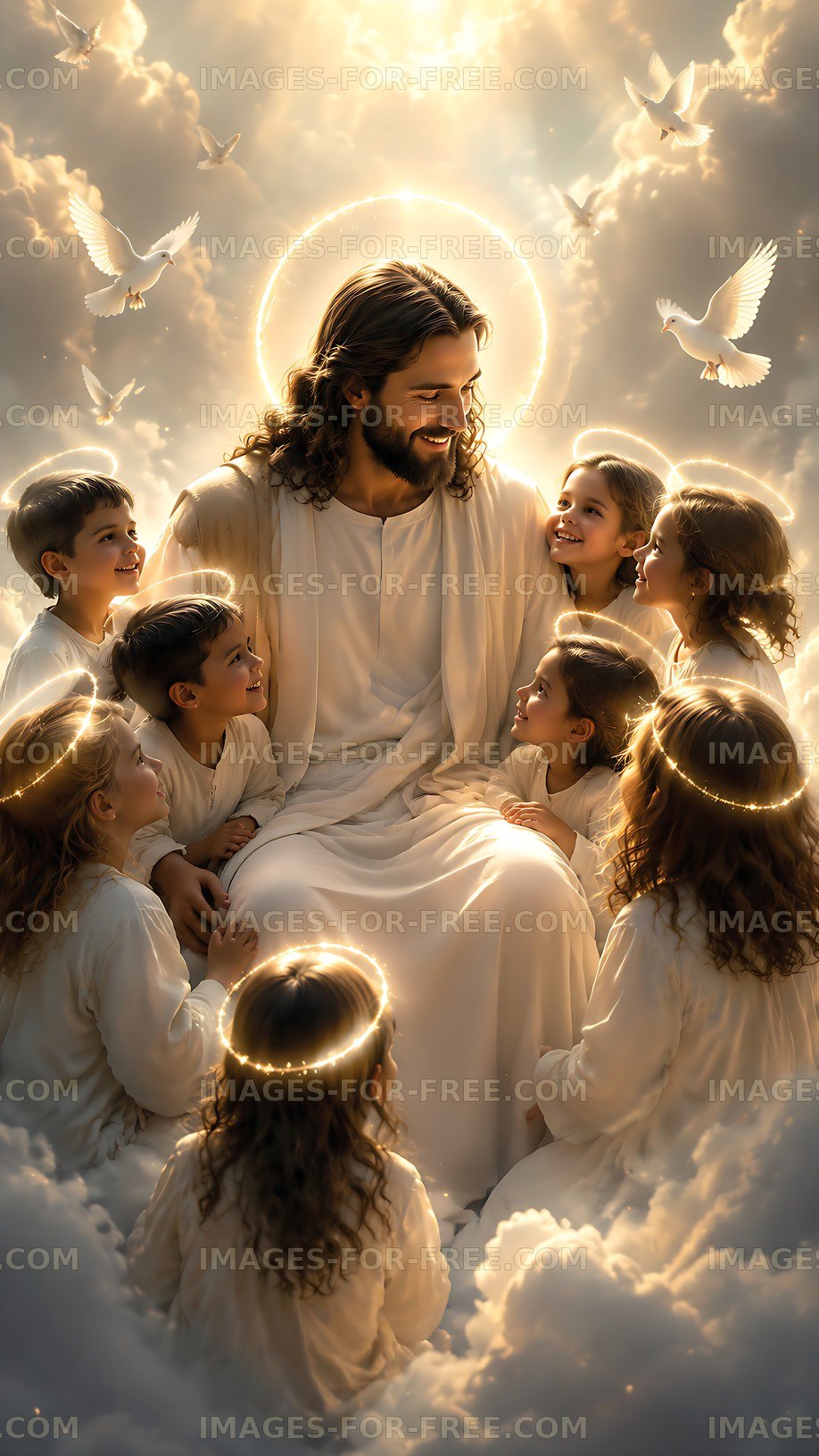 Jesus surrounded by children in clouds
