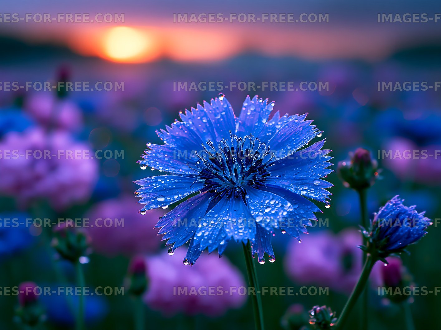 Blue flower with water droplets at sunset in a field