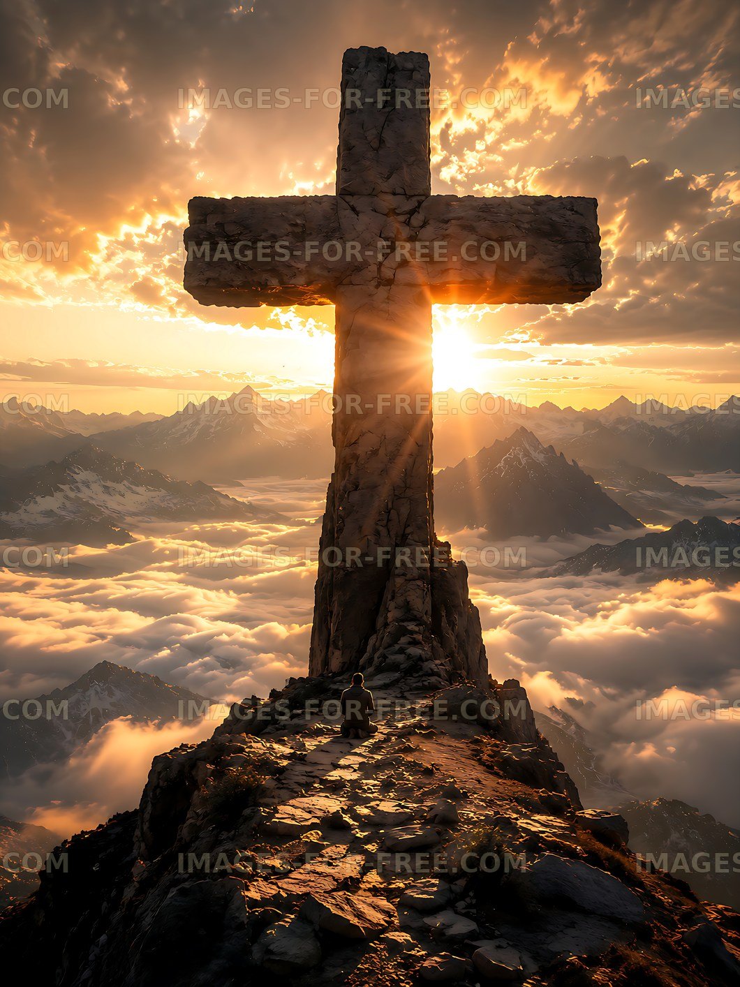 Cross silhouette at sunrise over mountains and clouds