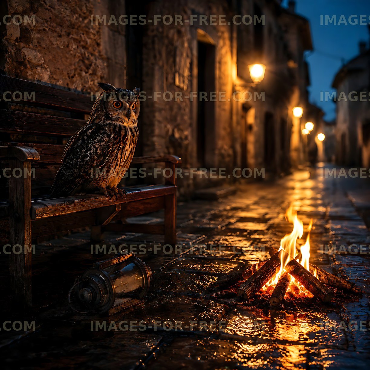 Owl perched on a bench near a fire in a cobblestone street