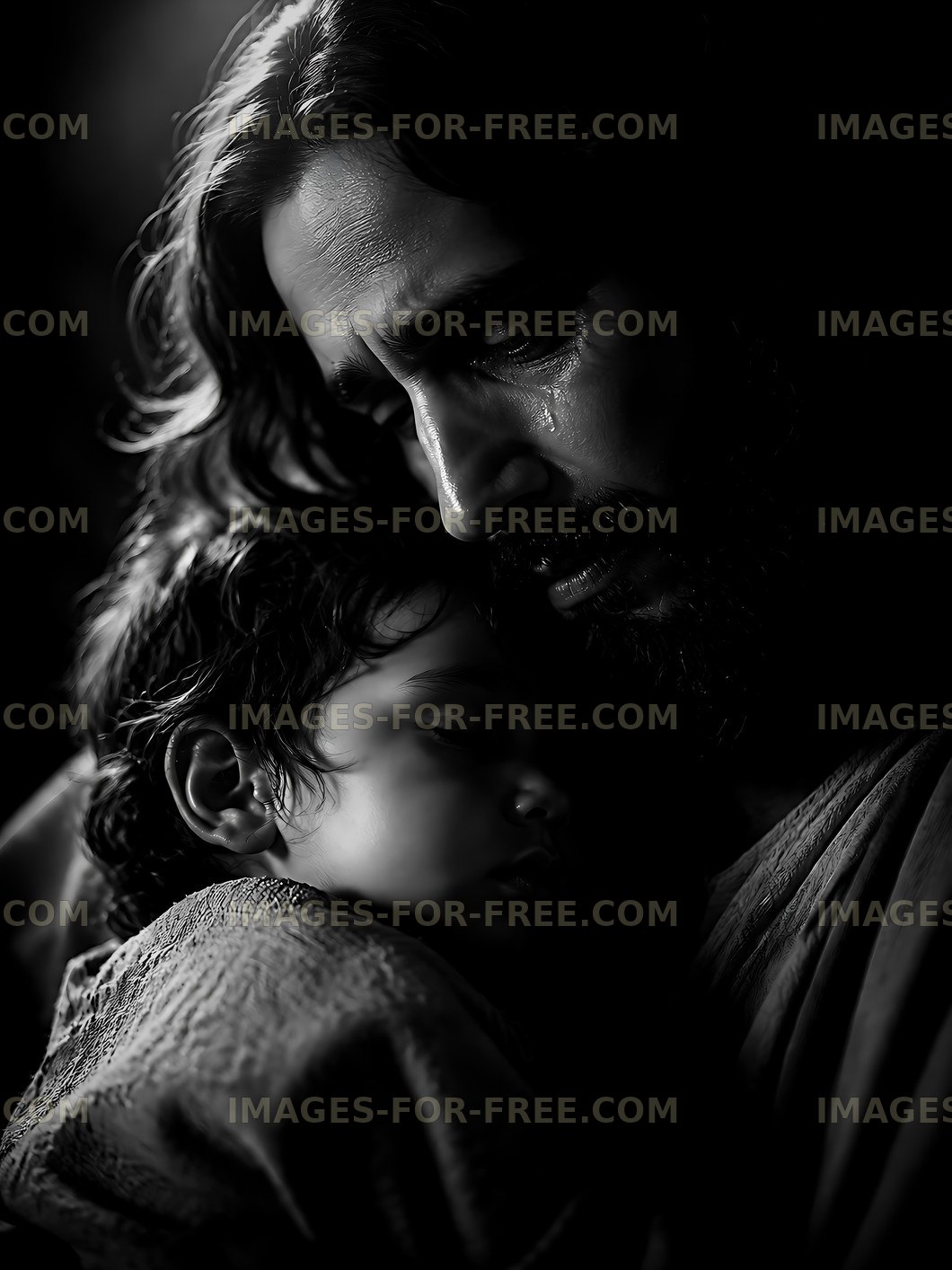 Father holding child in dark setting