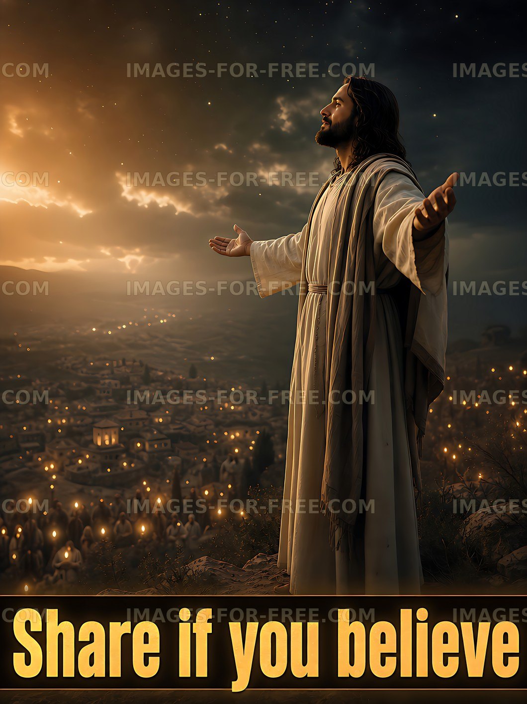 Man in robe stands with arms open against a sunset backdrop