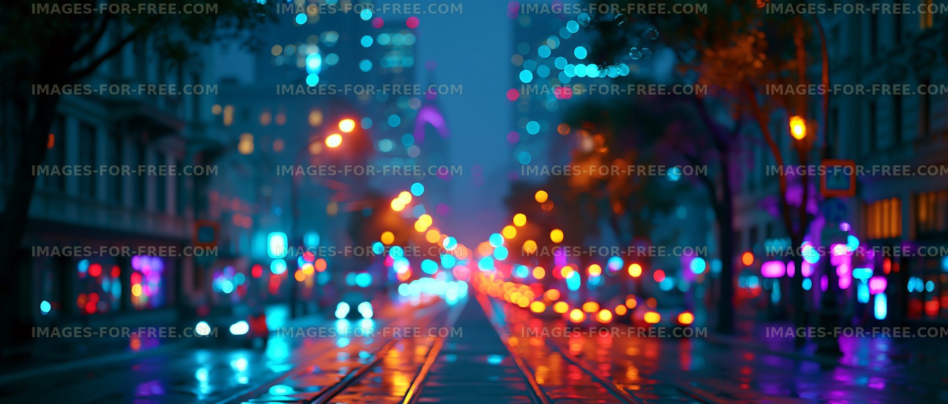 City streets at night with bright lights and reflections