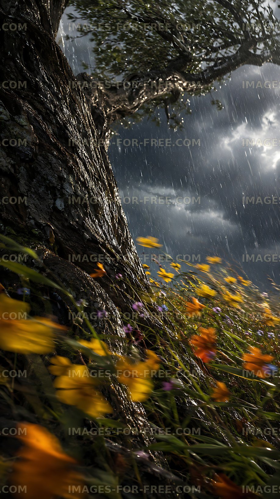 Rainy day with flowers and tree against dark stormy sky