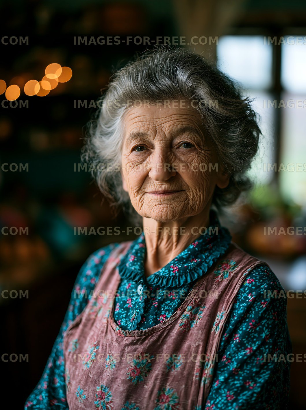 Elderly woman smiling in cozy kitchen setting
