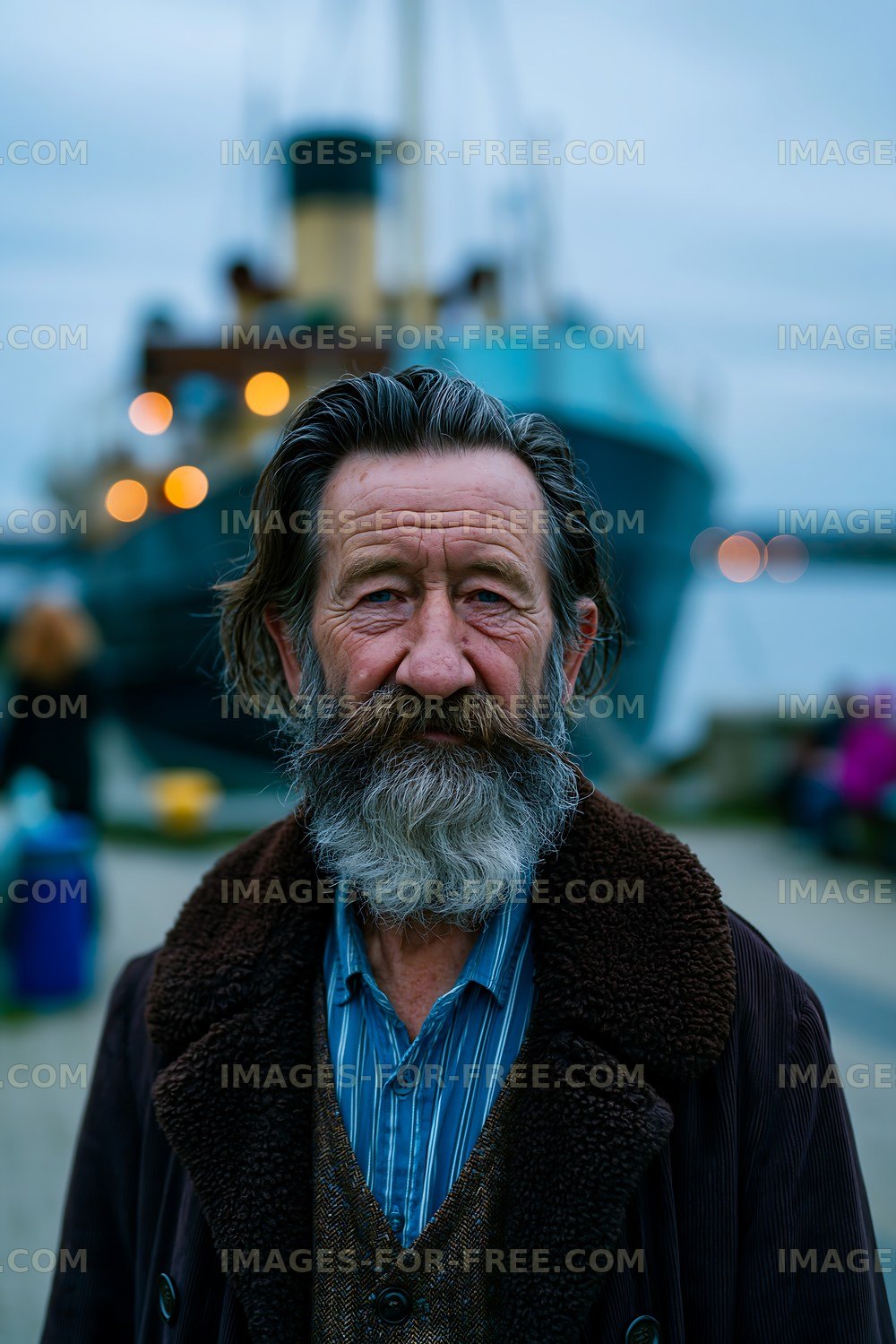 Portrait of man with beard by a docked ship in the evening