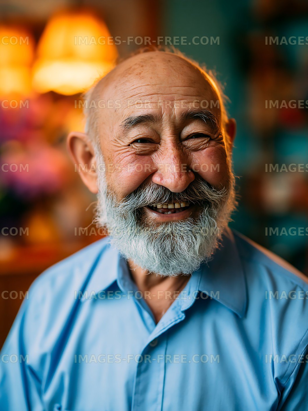 Elderly man smiling warmly indoors with soft lighting
