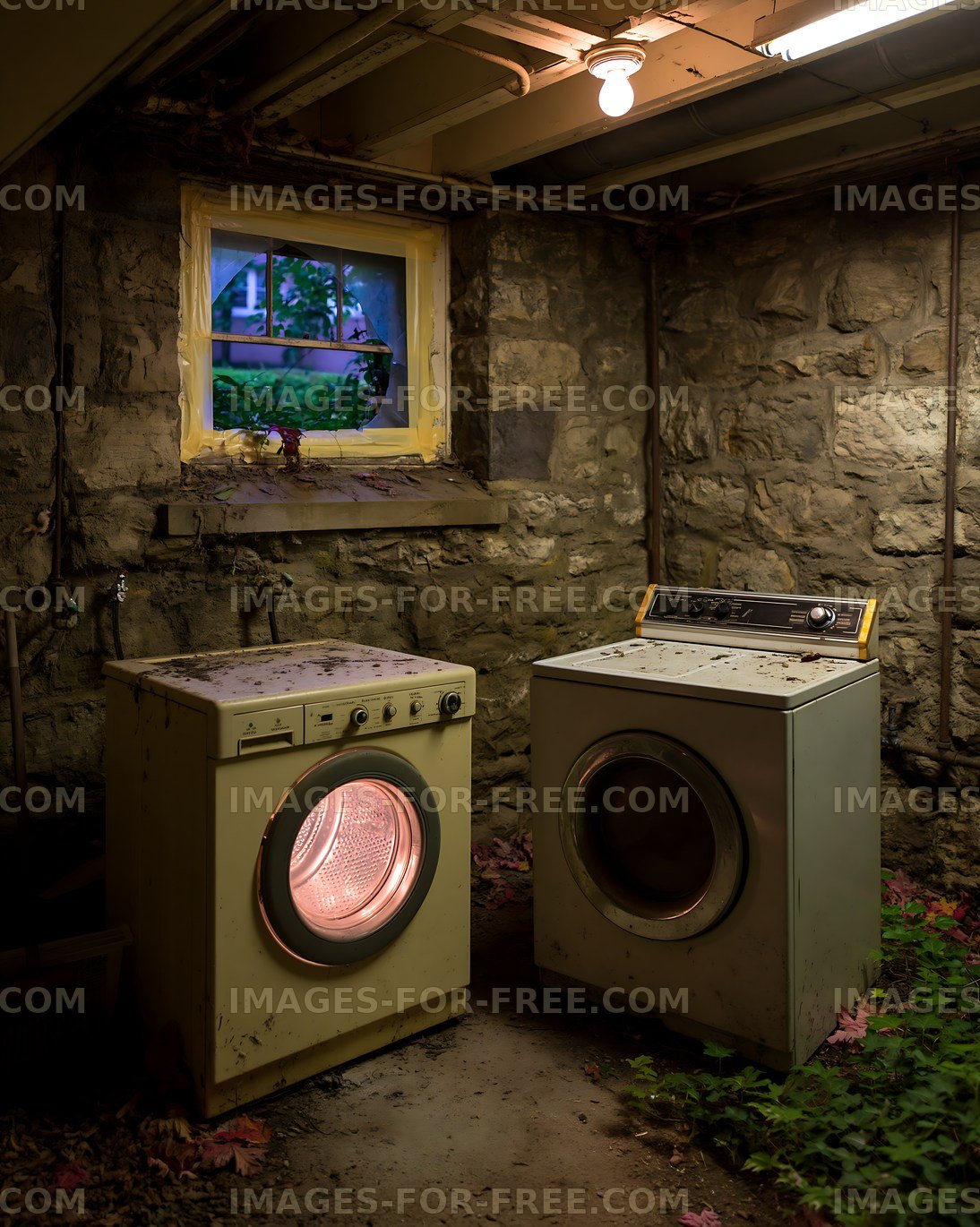 Old washing machines in a dusty basement with natural light