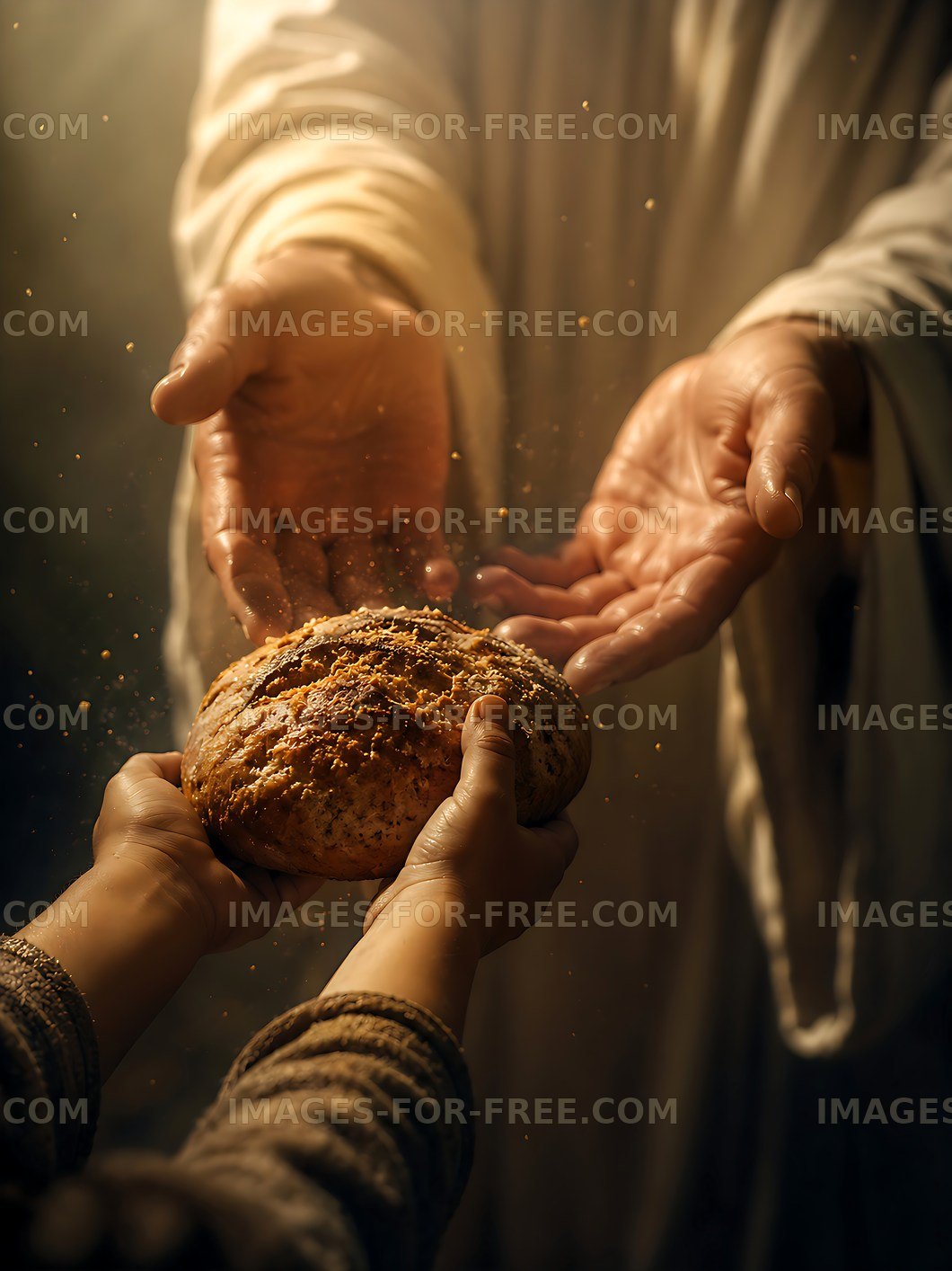Hands exchanging bread in a warm, dimly lit setting