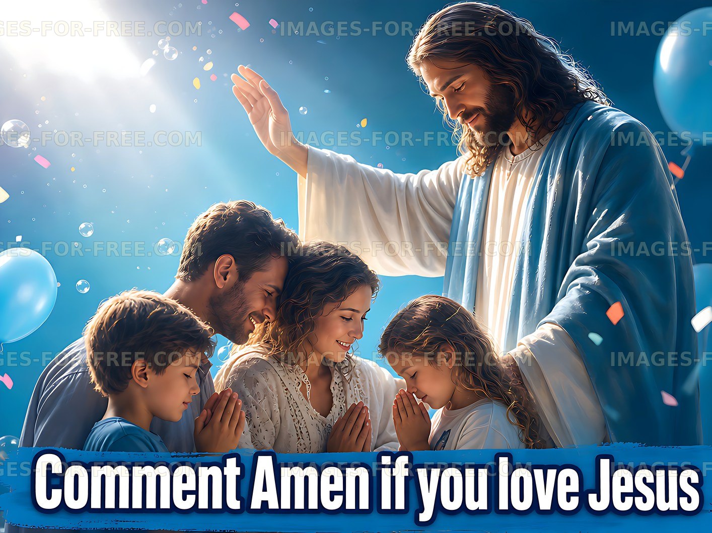 Family gathering in prayer with Jesus in a bright setting