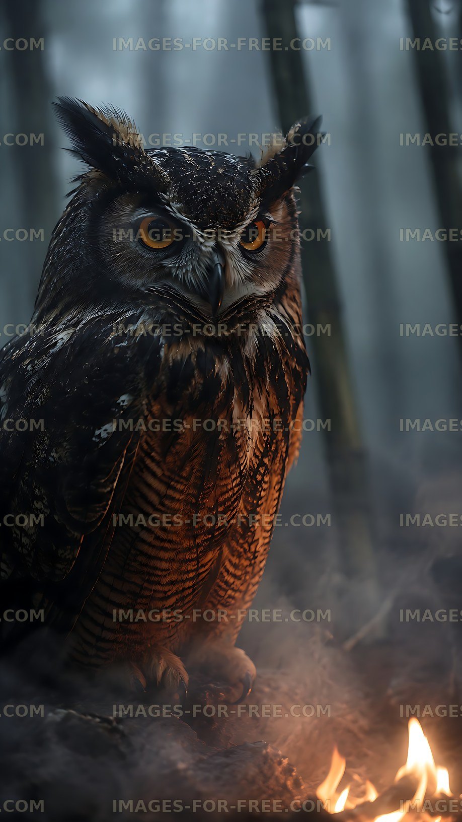 Owl sitting near a fire in a dark forest