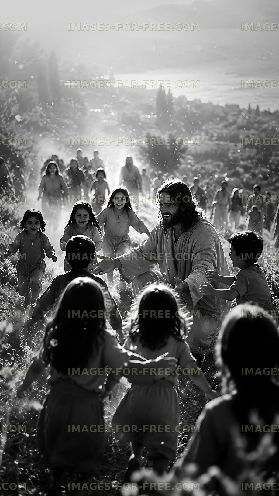 Children playing in a field with a man in a robe