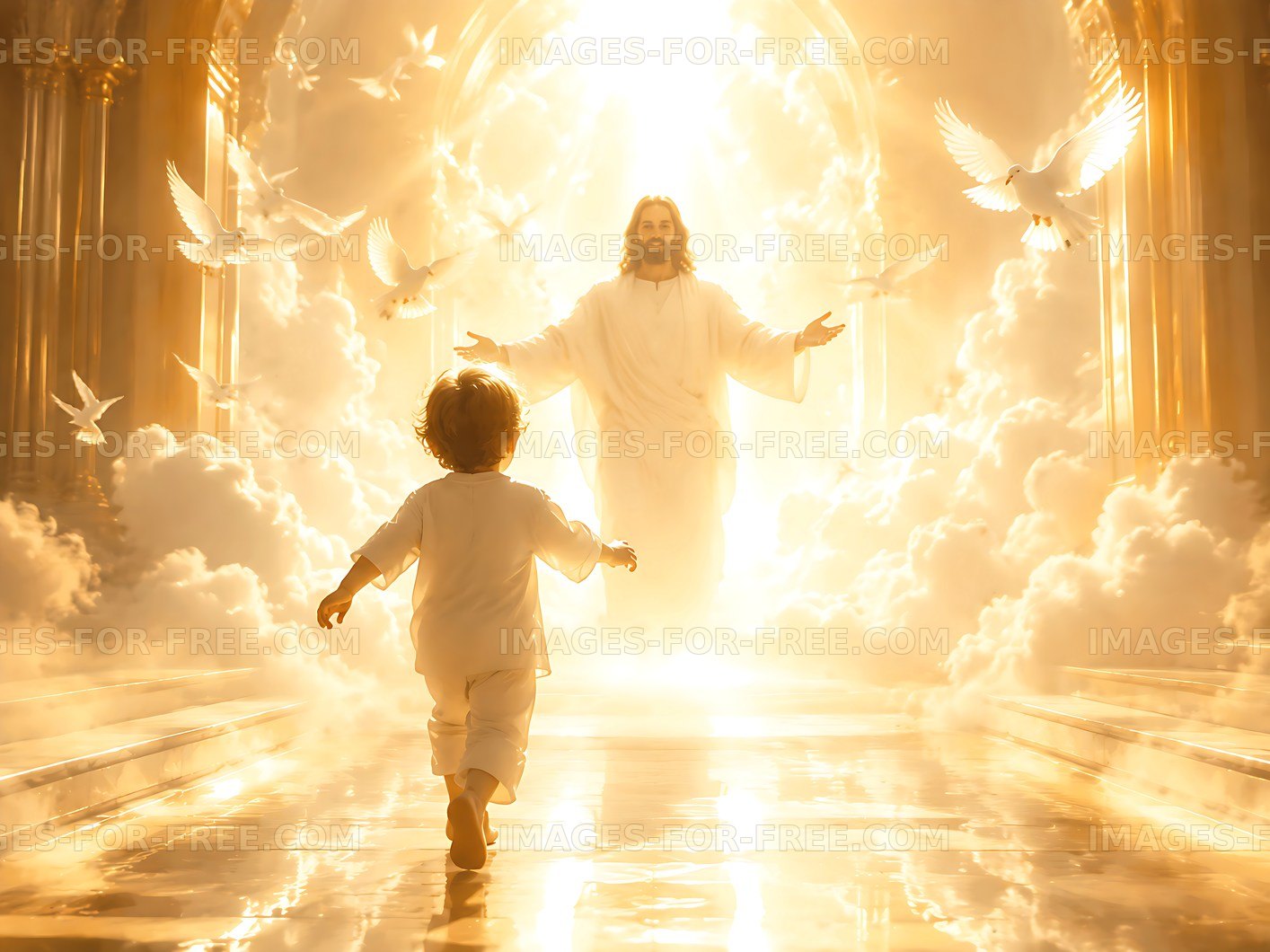 Child approaches figure in bright heavenly setting