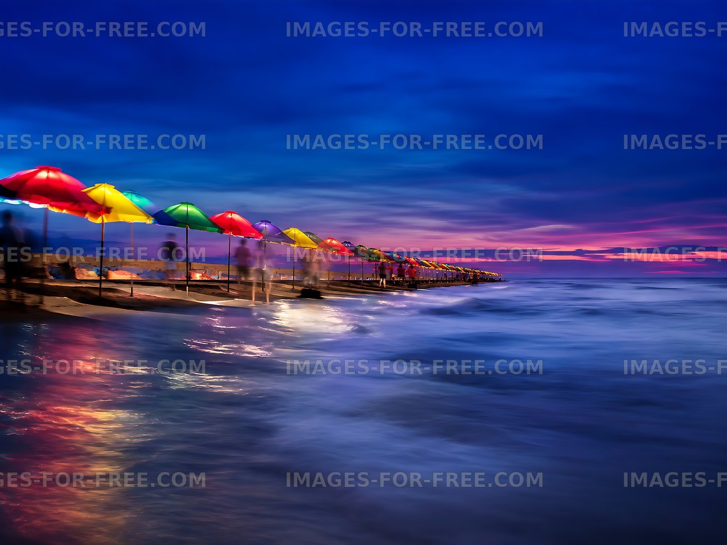 Colorful umbrellas along a pier at sunset