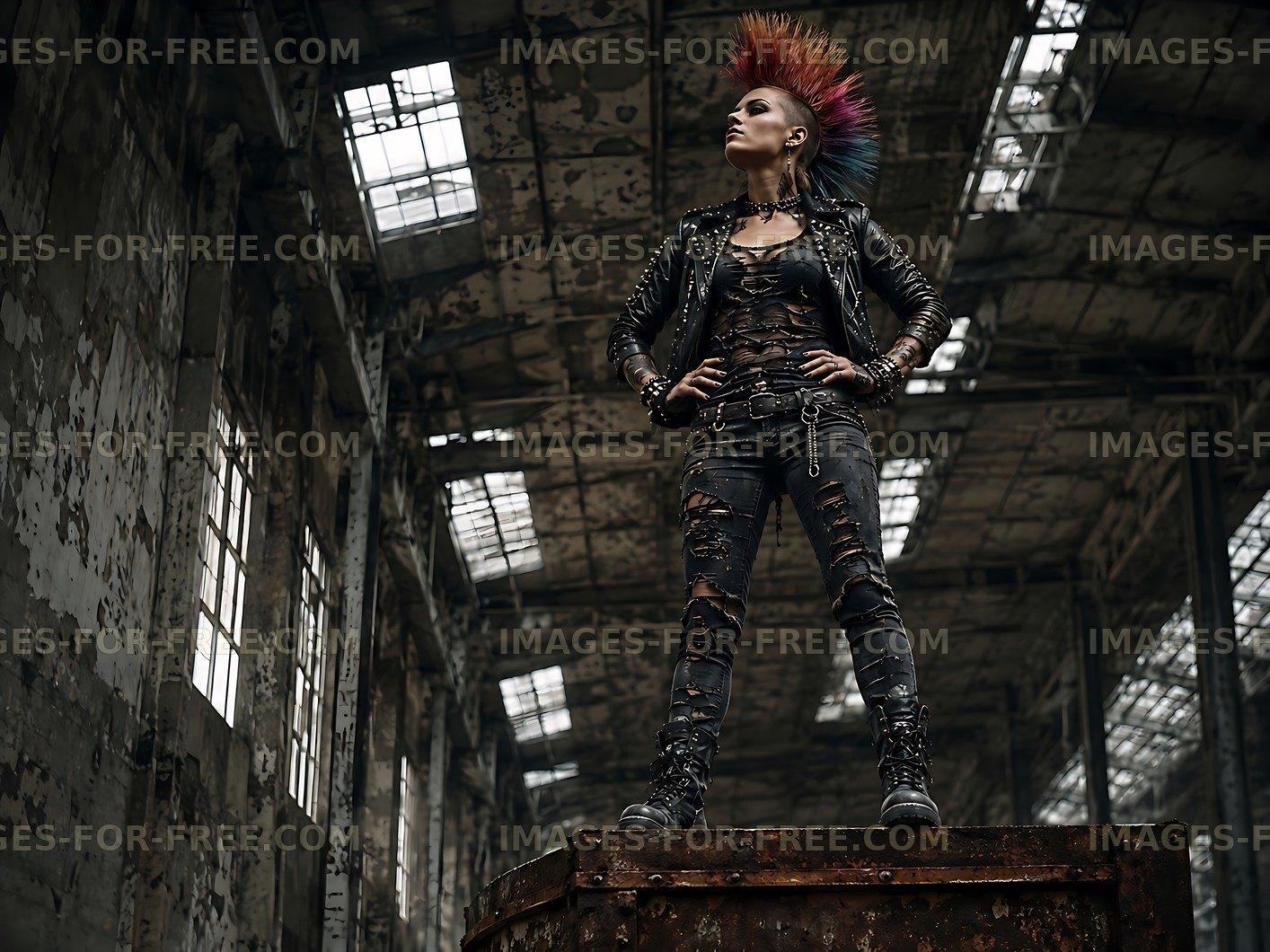 Punk model poses in an abandoned industrial setting