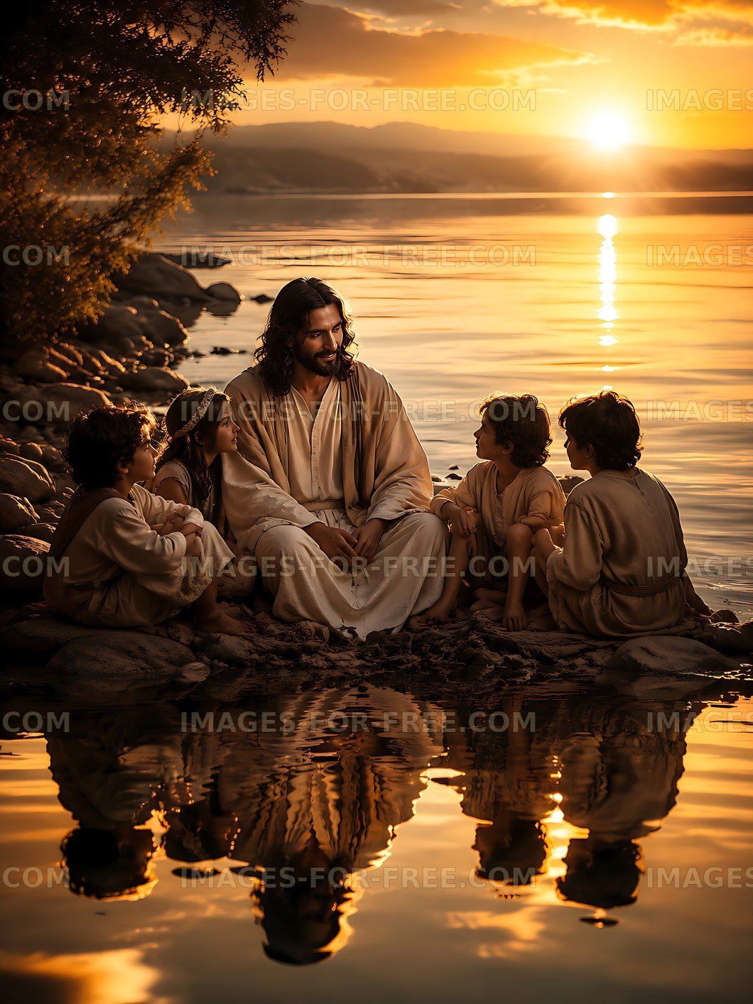Sunset gathering by the water with children